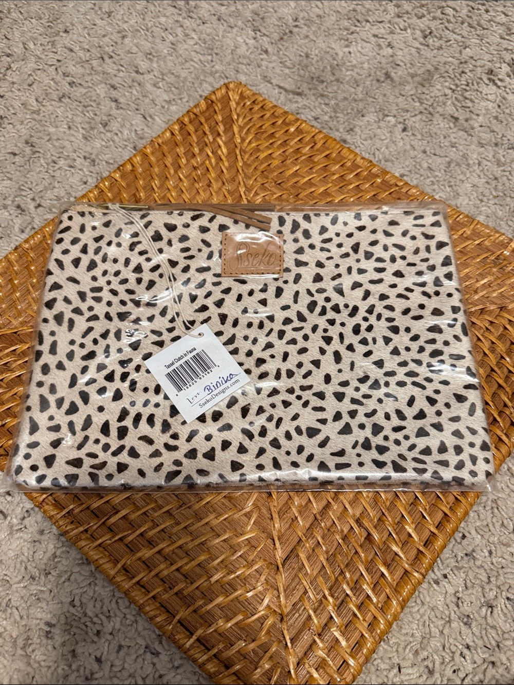 Sseko Hair On Leopard Print (Fauna) Clutch Tan Leather Trim and brass zipper